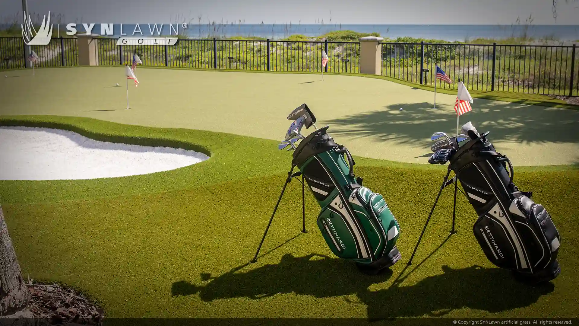 image of SYNLawn Golf outdoor putting green with Bettinardi club bags